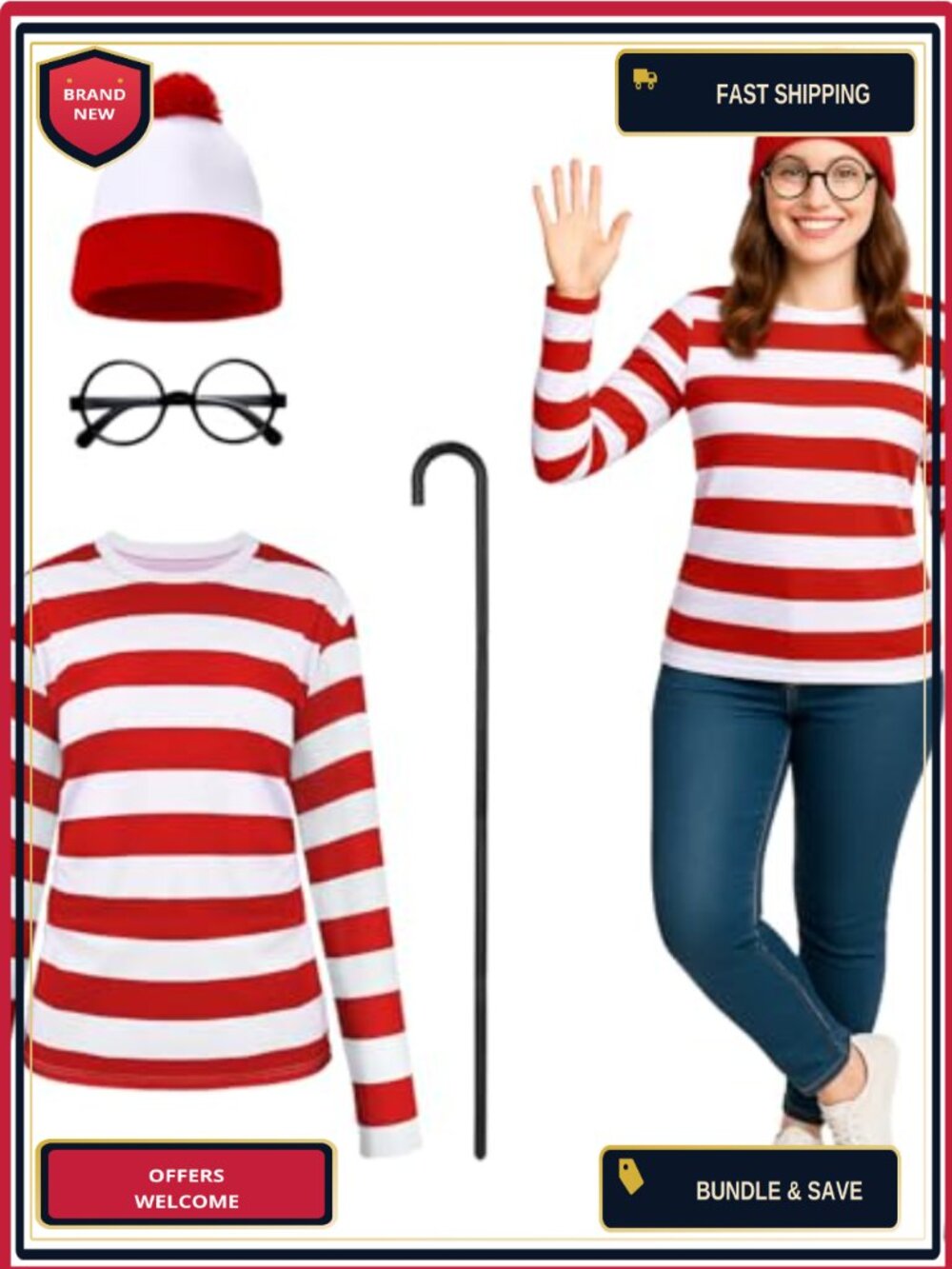 Adult Halloween Costume Set Striped Shirt Hat Glasses Cosplay